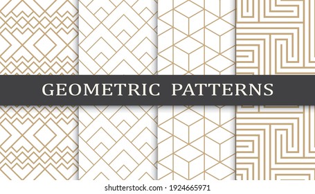 Conjunto de patrones geométricos sin soldadura. Resumen del patrón de impresión de diseño gráfico geométrico. Patrón de líneas doradas geométricas sin foco.
