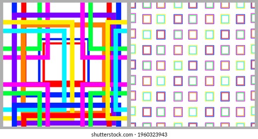 Set of geometric seamless patterns. Abstract squares in bright colors on a white isolated background. For flyer, poster, cover, textile print, fabric design 