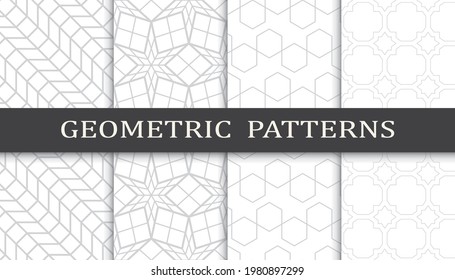 Conjunto de patrones geométricos sin soldadura. Resumen del patrón de impresión de diseño gráfico geométrico. Patrón de líneas grises geométricas sin foco.