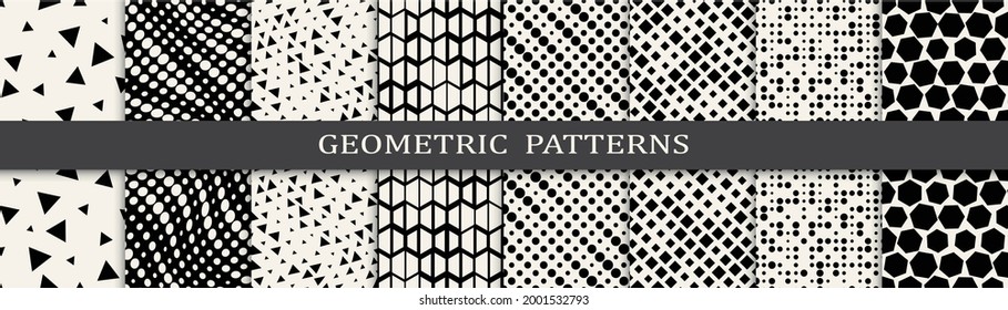 Set of geometric seamless patterns. Abstract geometric graphic design simple pattern. Seamless geometric halftone pattern.