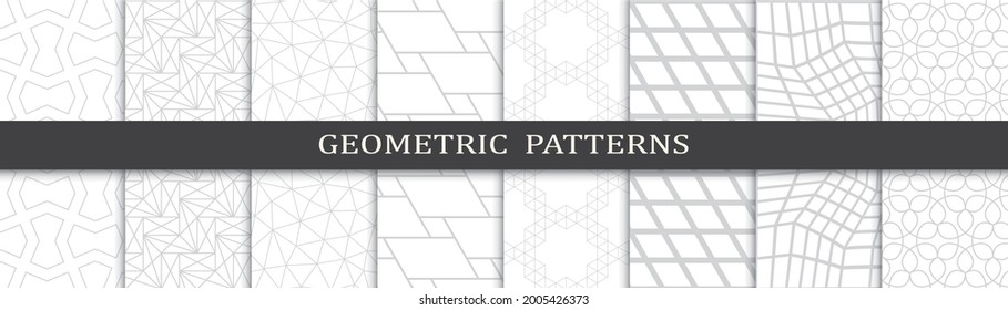 Conjunto de patrones geométricos sin soldadura. Resumen del patrón de impresión de diseño gráfico geométrico. Patrón de líneas grises geométricas sin foco.