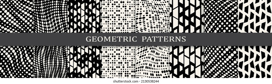 Satz geometrischer nahtloser Muster. Abstraktes geometrisches, einfaches Muster. Nahtloses geometrisches Halbtonmuster.