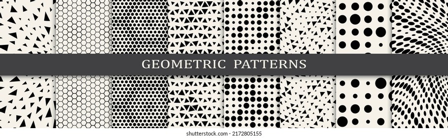 Conjunto de patrones geométricos sin soldadura. Resumen de diseño gráfico geométrico simple patrón. Patrón de medio tono geométrico sin foco.