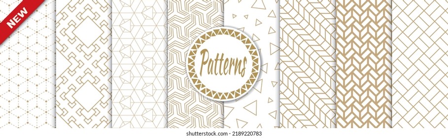 Conjunto de patrones geométricos sin soldadura. Resumen del patrón de impresión de diseño gráfico geométrico. Patrón de líneas doradas geométricas sin foco.