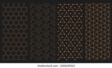 Set of Geometric seamless patterns, Abstract polygon graphic, Dimond, Triangle, rhombus and nodes, Golden texture, background