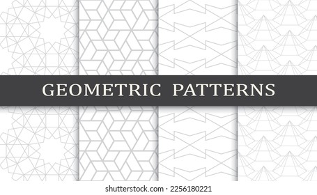 Conjunto de patrones geométricos sin soldadura. Resumen del patrón de impresión de diseño gráfico geométrico. Patrón de líneas grises geométricas sin foco.