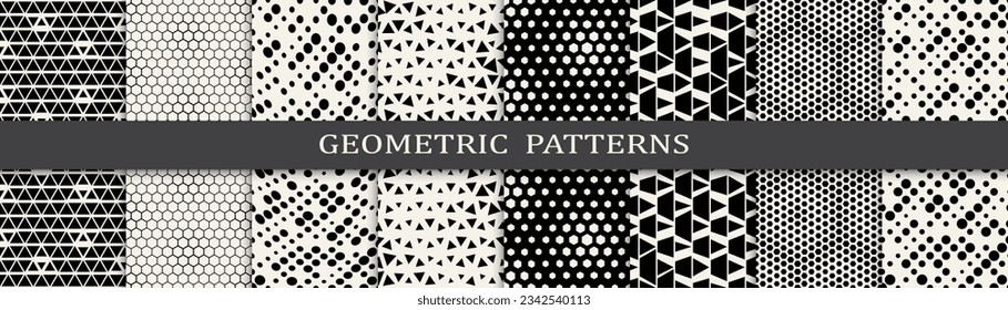 Set of geometric seamless patterns. Abstract geometric graphic design simple pattern. Seamless geometric halftone pattern.