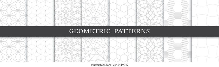 Conjunto de patrones geométricos sin soldadura. Resumen del patrón de impresión de diseño gráfico geométrico. Patrón de líneas grises geométricas sin foco.