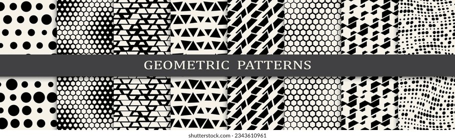 Conjunto de patrones geométricos sin soldadura. Resumen de diseño gráfico geométrico simple patrón. Patrón de medio tono geométrico sin foco.