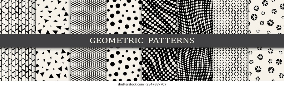 Set of geometric seamless patterns. Abstract geometric graphic design simple pattern. Seamless geometric halftone pattern.