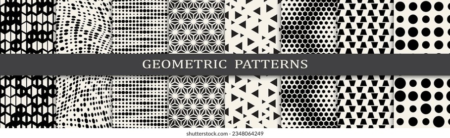 Set of geometric seamless patterns. Abstract geometric graphic design simple pattern. Seamless geometric halftone pattern.