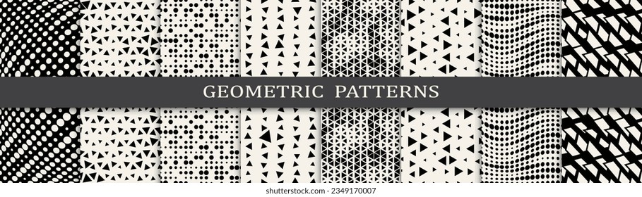 Set of geometric seamless patterns. Abstract geometric graphic design simple pattern. Seamless geometric halftone pattern.
