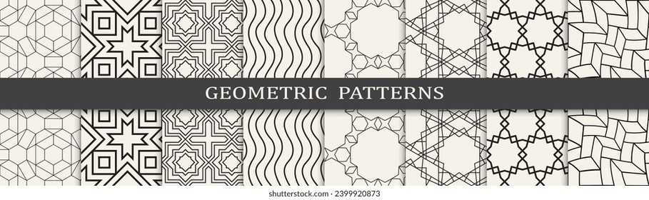 Set of geometric seamless patterns.  Black and white simple patterns.