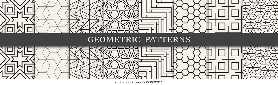 Set of geometric seamless patterns.  Black and white simple patterns.