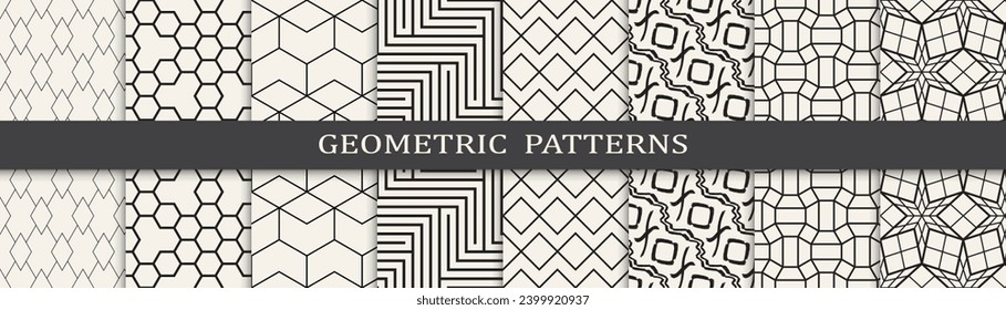 Set of geometric seamless patterns.  Black and white simple patterns.