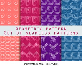 Set of geometric seamless patterns. Blue, purple, and peach color. For wallpaper, bed linen, tiles, fabrics, backgrounds. Collection of vector illustrations.