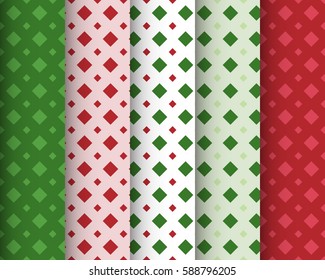 Set of Geometric Seamless Patterns. Christmas Backgrounds in Diamond Patterns. Red and Green.