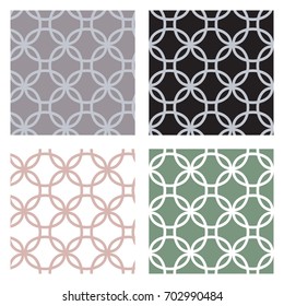 set of geometric seamless patterns with circles of black, grey, green, pink colors