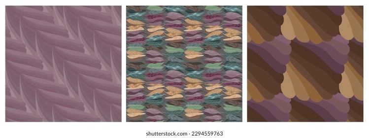 Set of geometric seamless patterns with colorful leaves and lilac color elements isolated. Vector illustration design for fabric, textile, background and etc.