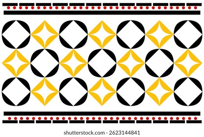 set of geometric seamless patterns. Decorative Border Pattern: Alternating Black and Yellow Rounded Squares Enclosing Contrasting Four-Pointed Star Shapes