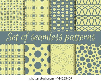 Set of geometric seamless patterns. Design with circles and lines. Vector.