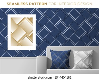 Set of geometric seamless patterns for interior design. Texture for wallpapers, textile, fabric, print design. Trendy dark blue and golden colors. Vector illustration.