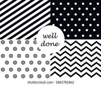 Set geometric seamless patterns with nice elements, design for decoration, wrapping paper, print, fabric or textile, stylish collection, black and white, cute cards, fashion set, vector illustration