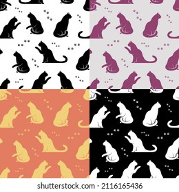 Set of geometric SEAMLESS patterns with pads of cat paws and cats. Animal paw prints on ground. Ornates for decoration and printing on fabric. Design element. Vector