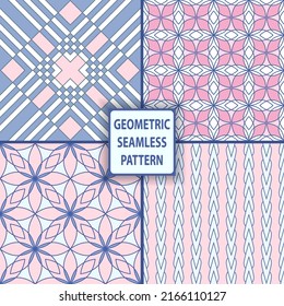 Set of geometric seamless patterns in pastel pink and blue colors.