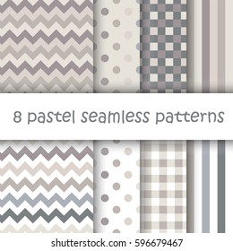 Set of Geometric Seamless Patterns with Polka Dot, Square, Stripes and Chevron in pastel spring colors. Perfect for wallpaper, textile, Easter, Valentine, birthday and wedding cards