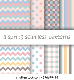 Set of Geometric Seamless Patterns with Polka Dot, Square, Stripes and Chevron in pastel spring colors. Perfect for wallpaper, textile, Easter, Valentine, birthday and wedding cards