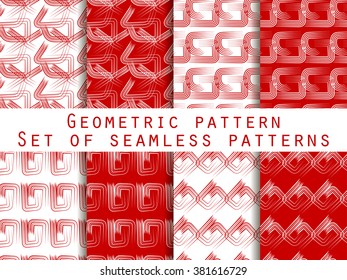 Set of geometric seamless patterns. Red and white color. For wallpaper, bed linen, tiles, fabrics, backgrounds. Collection of vector illustrations.