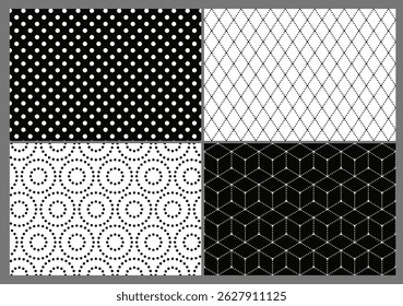 Conjunto de padrões geométricos sem emenda. Repetindo ornamentos clássicos com pontos de polca, losango transversal, círculos e cubos tracejados. Elementos de design para impressão. Ilustração de vetor plano isolada no plano de fundo
