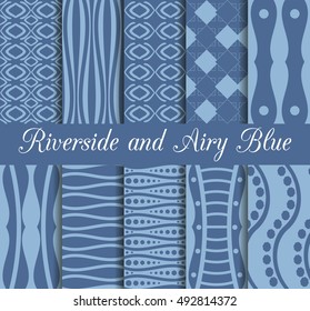 Set of geometric seamless patterns. Riverside and airy blue trend color. Collection of 10 seamless patterns. Vector illustration.