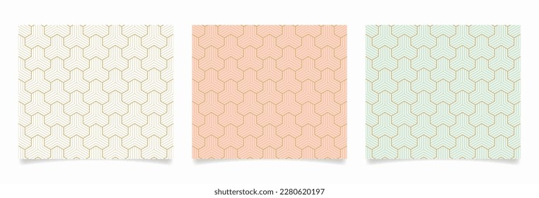 Set of geometric seamless patterns. Striped tetrapod pattern on white, pastel pink, and aqua blue background.