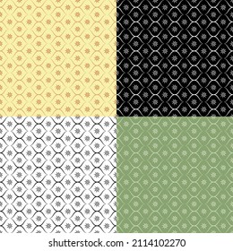 Conjunto de patrones geométricos SEAMLESS con rejilla giratoria y flores abstractas. Ornates para decoración e impresión en tela. Elemento de diseño. Vector
