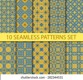 Set of geometric seamless patterns. Ten fashionable ornaments with Swatch for filling.