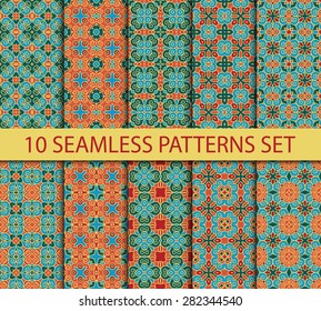 Set of geometric seamless patterns. Ten fashionable ornaments with Swatch for filling.