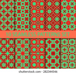 Set of geometric seamless patterns. Ten fashionable ornaments with Swatch for filling.