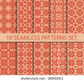 Set of geometric seamless patterns. Ten fashionable ornaments with Swatch for filling.