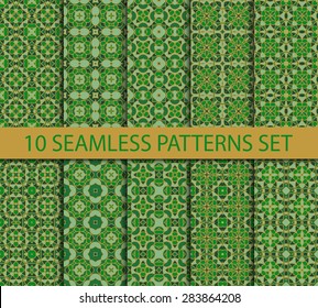 Set of geometric seamless patterns. Ten luxurious ornaments with Swatch for filling.