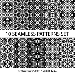 Set of geometric seamless patterns. Ten luxurious ornaments with Swatch for filling.