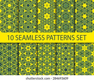 Set of geometric seamless patterns. Ten excellent exotic ornaments with Swatch for filling.