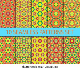 Set of geometric seamless patterns. Ten vintage ornaments with Swatch for filling.