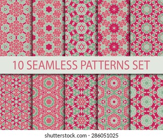 Set of geometric seamless patterns. Ten stylish vintage ornaments with Swatch for filling.