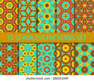Set of geometric seamless patterns. Ten stylish vintage ornaments with Swatch for filling.