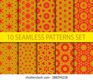 Set of geometric seamless patterns. Ten Asian traditional ornaments with Swatch for filling.