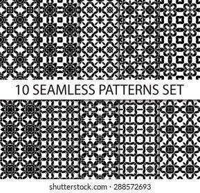 Set of geometric seamless patterns. Ten unrepeatable asian ornaments with swatch for filling.