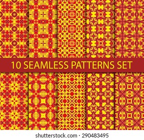 Set of geometric seamless patterns. Ten modern asian ornaments with swatch for filling.