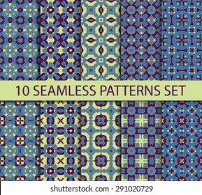 Set of geometric seamless patterns. Ten ancient tribal ornaments with swatch for filling.